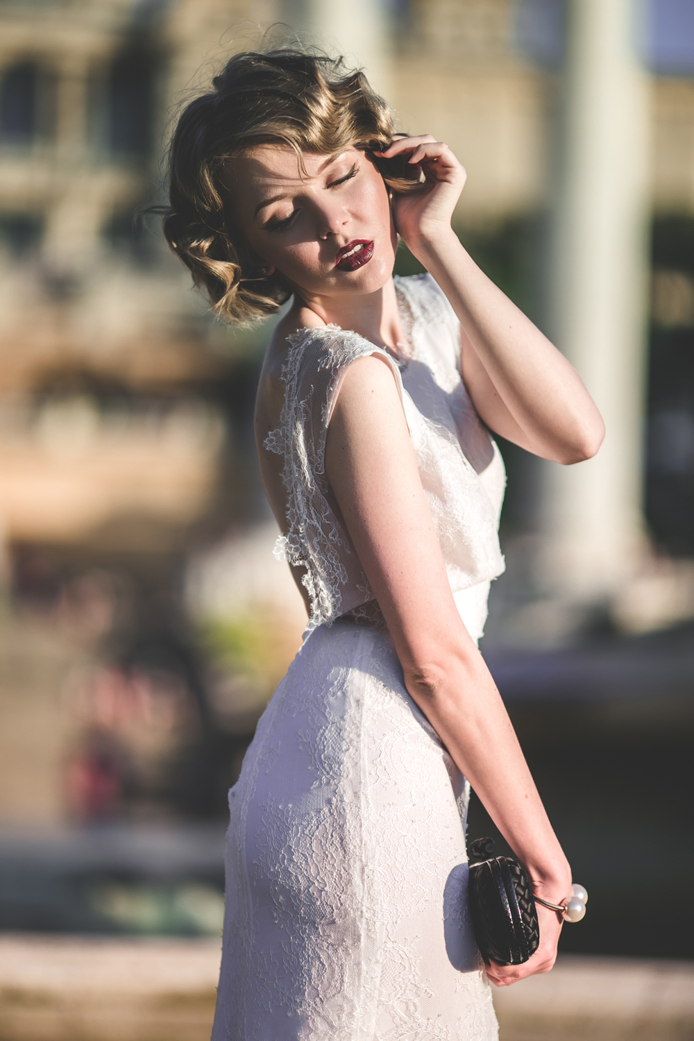 darya kamalova fashion blogger from thecablook in trip in Barcelona Spain with Pronovias 2015 wedding dresses collection catwalk wearing uel camilo white gown bottega veneta knot clutch and black lips-2122